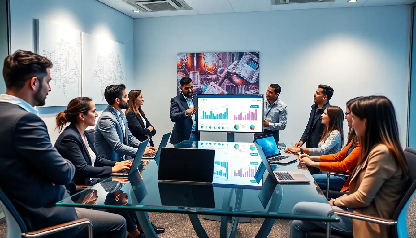 diverse team discussing data analytics in a modern office.